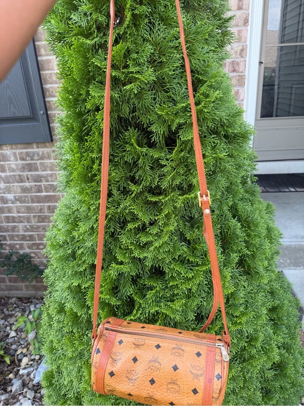 MCM Tan Visetos Barrel Crossbody Bag
